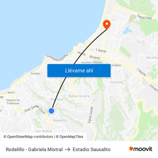 Rodelillo - Gabriela Mistral to Estadio Sausalito map