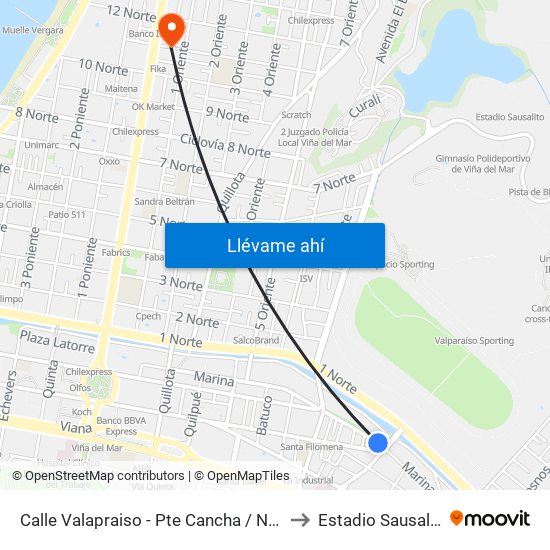 Calle Valapraiso - Pte Cancha / Norte to Estadio Sausalito map