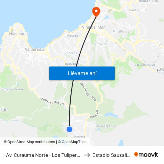 Av. Curauma Norte - Los Tuliperos to Estadio Sausalito map