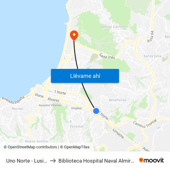 Uno Norte - Lusitania to Biblioteca Hospital Naval Almirante Nef map