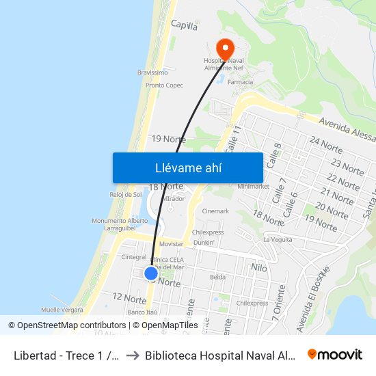 Libertad - Trece 1 / 2 Norte to Biblioteca Hospital Naval Almirante Nef map