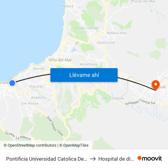 Pontificia Universidad Catolica De Valparaiso, Casa Central to Hospital de día de Quilpué map