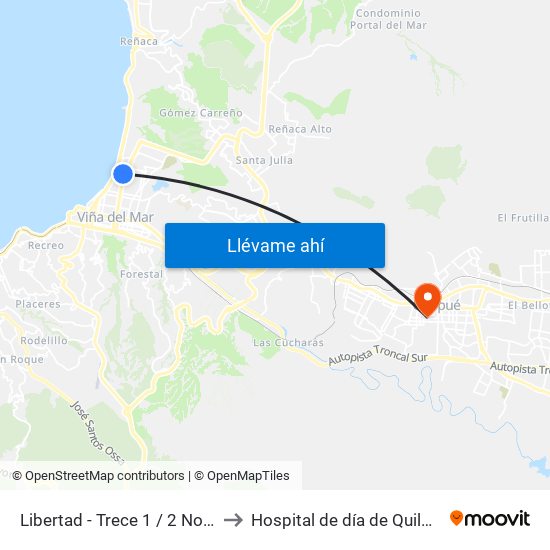 Libertad - Trece 1 / 2 Norte to Hospital de día de Quilpué map