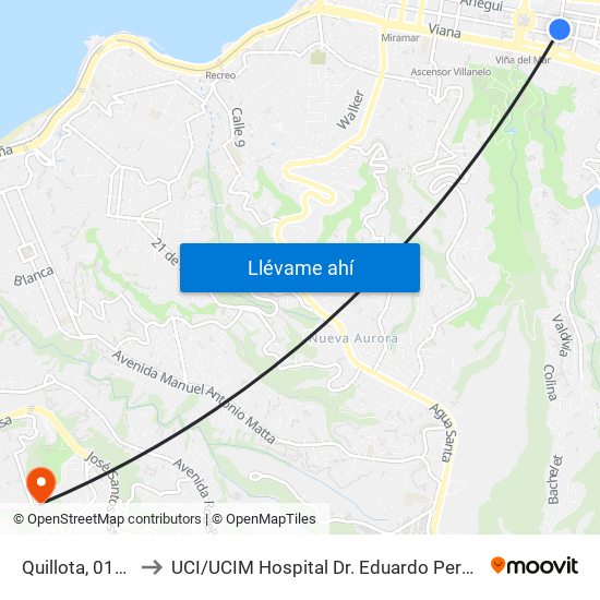 Quillota, 0151 to UCI / UCIM Hospital Dr. Eduardo Pereira map