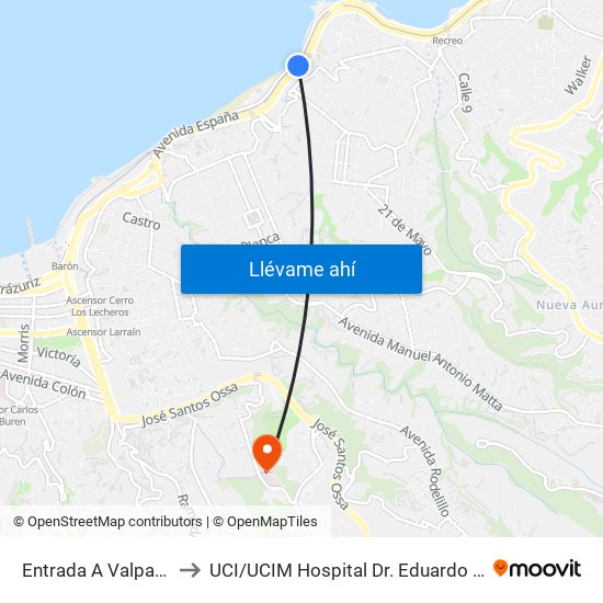 Entrada A Valparaiso to UCI / UCIM Hospital Dr. Eduardo Pereira map