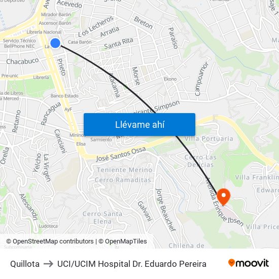 Quillota to UCI / UCIM Hospital Dr. Eduardo Pereira map