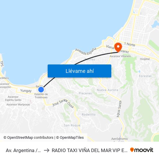 Av. Argentina / Pje Quillota to RADIO TAXI VIÑA DEL MAR VIP EXCLUSIVE EJECUTIVO map