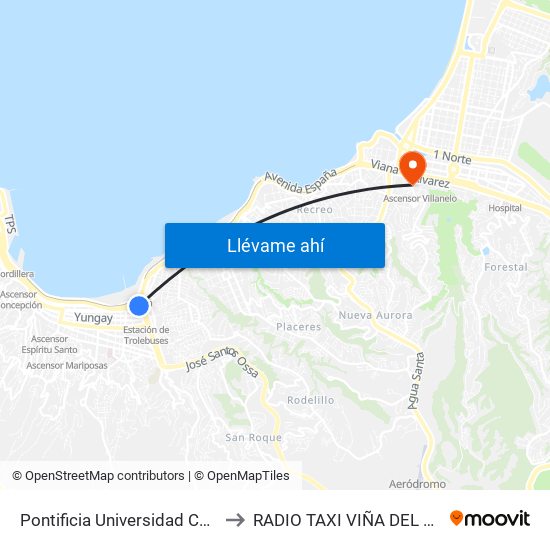 Pontificia Universidad Catolica De Valparaiso, Casa Central to RADIO TAXI VIÑA DEL MAR VIP EXCLUSIVE EJECUTIVO map