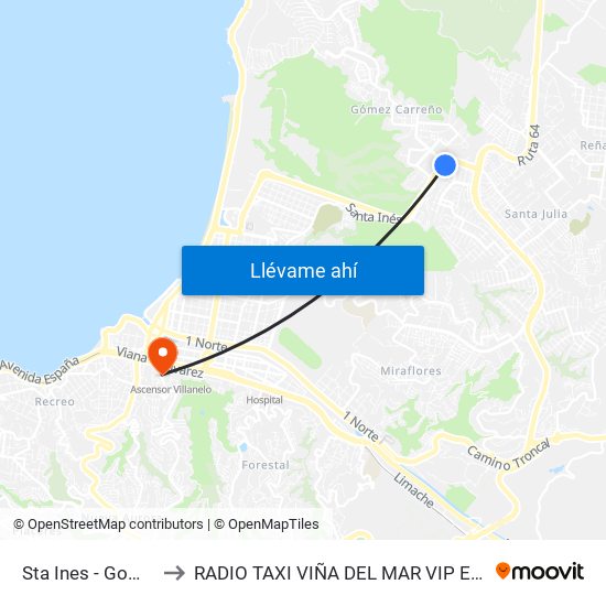 Sta Ines - Gomez Carreño to RADIO TAXI VIÑA DEL MAR VIP EXCLUSIVE EJECUTIVO map