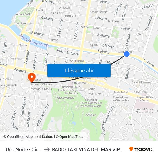 Uno Norte - Cinco 1 / 2 Ote to RADIO TAXI VIÑA DEL MAR VIP EXCLUSIVE EJECUTIVO map