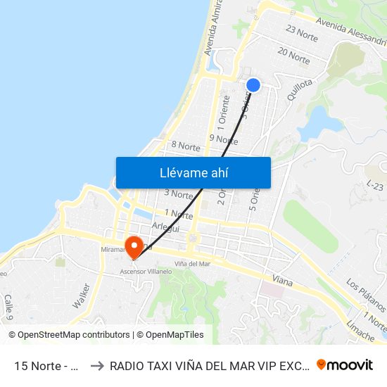 15 Norte - 3 Oriente to RADIO TAXI VIÑA DEL MAR VIP EXCLUSIVE EJECUTIVO map