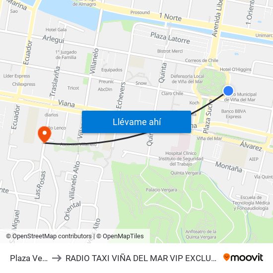 Plaza Vergara to RADIO TAXI VIÑA DEL MAR VIP EXCLUSIVE EJECUTIVO map