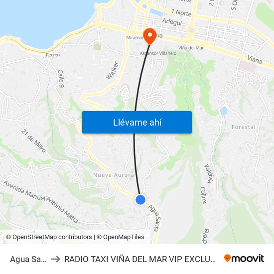 Agua Santa 1 to RADIO TAXI VIÑA DEL MAR VIP EXCLUSIVE EJECUTIVO map