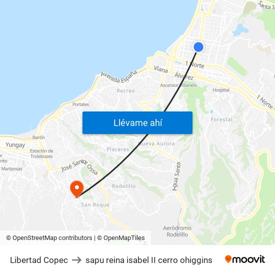 Libertad Copec to sapu reina isabel II cerro ohiggins map