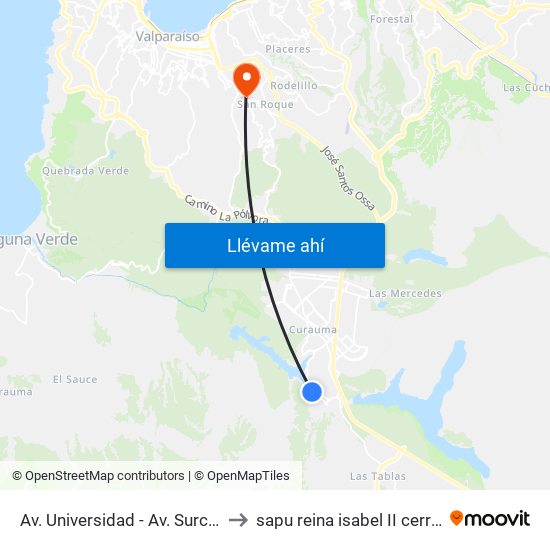 Av. Universidad - Av. Surcos De Agua to sapu reina isabel II cerro ohiggins map