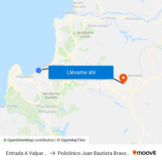 Entrada A Valparaiso to Policlinico Juan Bautista Bravo Vega map