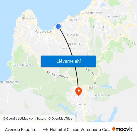 Avenida España, 1139 to Hospital Clínico Veterinario Curauma map