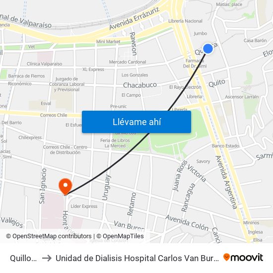 Quillota to Unidad de Dialisis Hospital Carlos Van Buren map