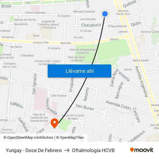 Yungay - Doce De Febrero to Oftalmología HCVB map