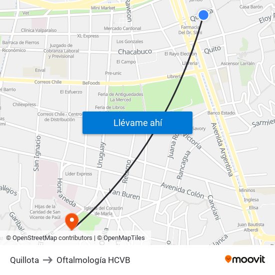 Quillota to Oftalmología HCVB map