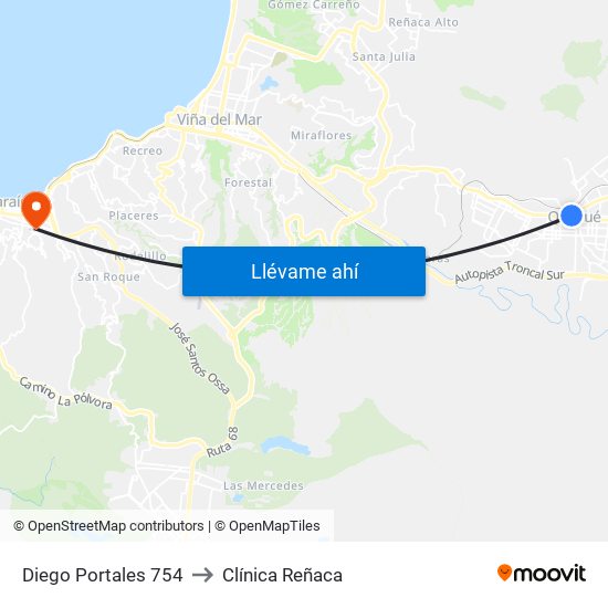 Diego Portales 754 to Clínica Reñaca map