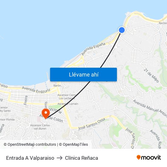 Entrada A Valparaiso to Clínica Reñaca map