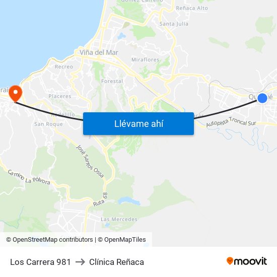 Los Carrera 981 to Clínica Reñaca map