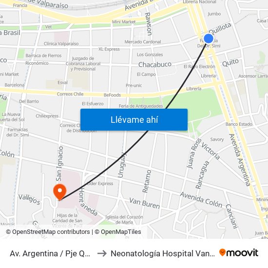 Av. Argentina / Pje Quillota to Neonatología Hospital Van Buren map