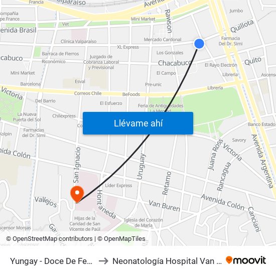 Yungay - Doce De Febrero to Neonatología Hospital Van Buren map