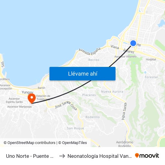 Uno Norte - Puente Quinta to Neonatología Hospital Van Buren map