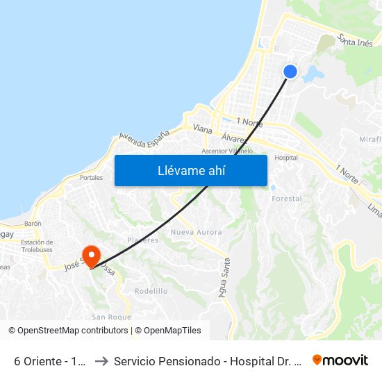 6 Oriente - 12 Norte to Servicio Pensionado - Hospital Dr. Eduardo Pereira map