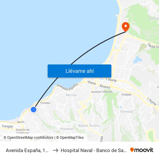 Avenida España, 1139 to Hospital Naval - Banco de Sangre map