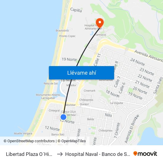 Libertad Plaza O´Higgins to Hospital Naval - Banco de Sangre map