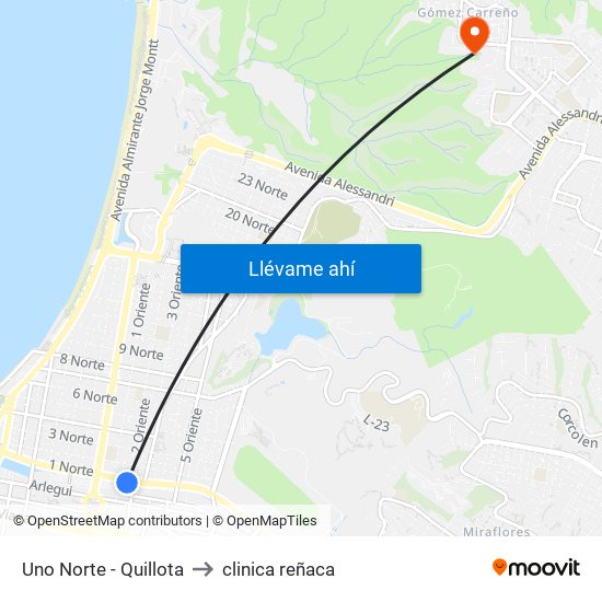 Uno Norte - Quillota to clinica reñaca map