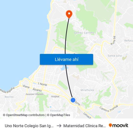 Uno Norte Colegio San Ignacio to Maternidad Clínica Reñaca map