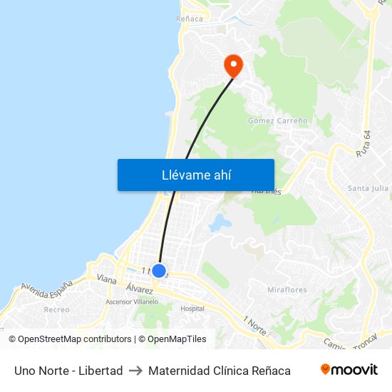 Uno Norte - Libertad to Maternidad Clínica Reñaca map