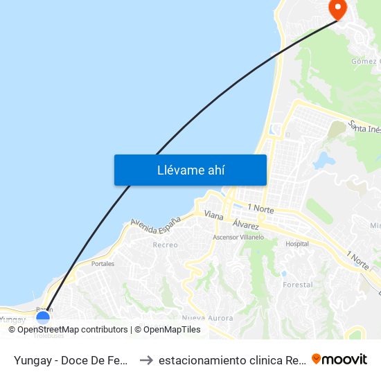 Yungay - Doce De Febrero to estacionamiento clinica Reñaca map