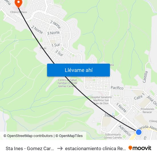 Sta Ines - Gomez Carreño to estacionamiento clinica Reñaca map