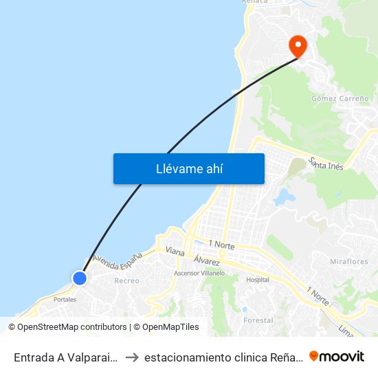 Entrada A Valparaiso to estacionamiento clinica Reñaca map