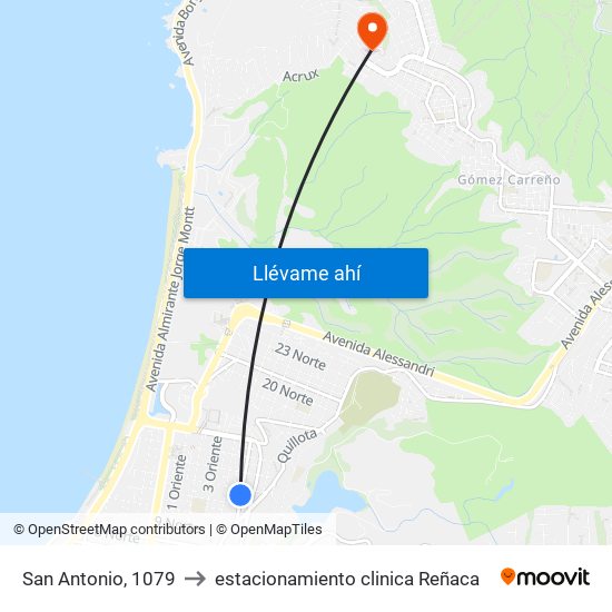 San Antonio, 1079 to estacionamiento clinica Reñaca map