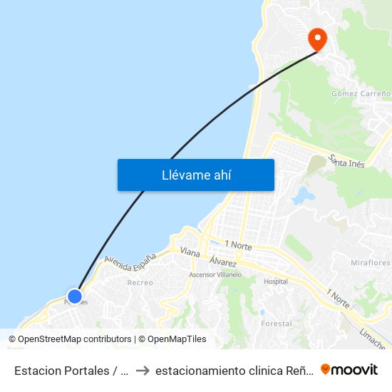 Estacion Portales / Sur to estacionamiento clinica Reñaca map