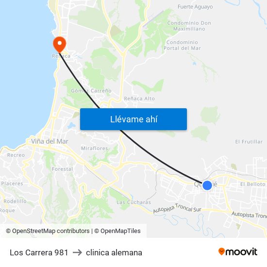 Los Carrera 981 to clinica alemana map