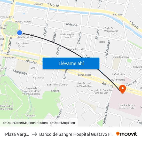 Plaza Vergara to Banco de Sangre Hospital Gustavo Fricke map