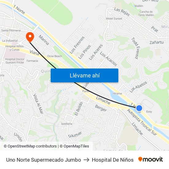 Uno Norte Supermecado Jumbo to Hospital De Niños map