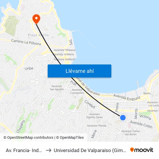 Av. Francia- Independencia to Universidad De Valparaíso (Gimnasio Polideportivo) map