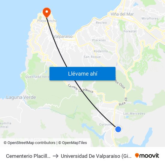Cementerio Placilla De Peñuelas to Universidad De Valparaíso (Gimnasio Polideportivo) map