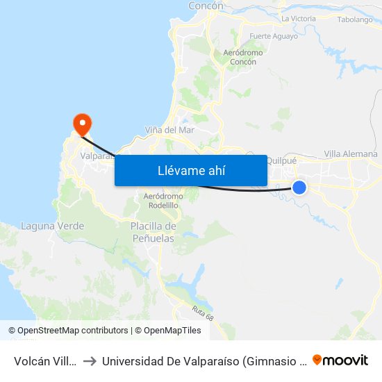 Volcán Villarrica to Universidad De Valparaíso (Gimnasio Polideportivo) map