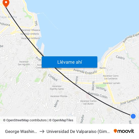 George Washington, 1365 to Universidad De Valparaíso (Gimnasio Polideportivo) map