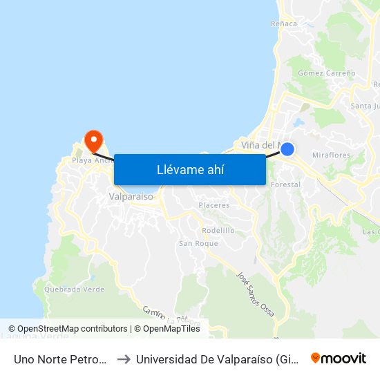 Uno Norte Petrobras Poniente to Universidad De Valparaíso (Gimnasio Polideportivo) map