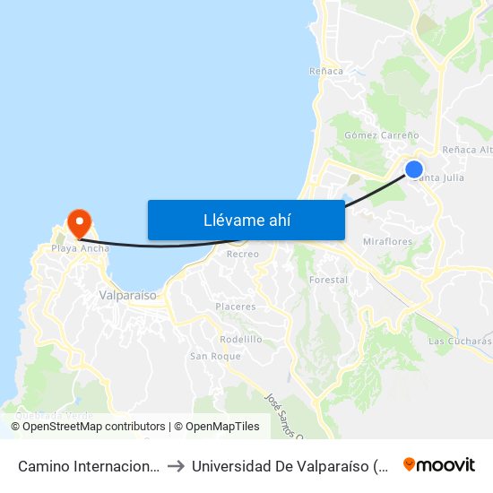 Camino Internacional - Las Camelias to Universidad De Valparaíso (Gimnasio Polideportivo) map